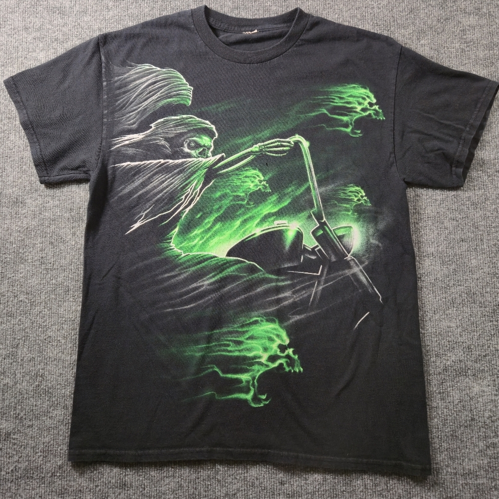 Vintage Y2K Green & Black Grim Reaper On Motorcycle Graphic T-Shirt Size Medium
